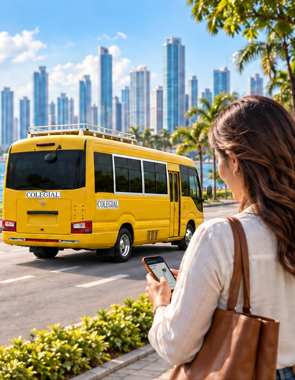 Madre consultando su teléfono con la parte trasera del Coaster visible a lo lejos, en Panamá